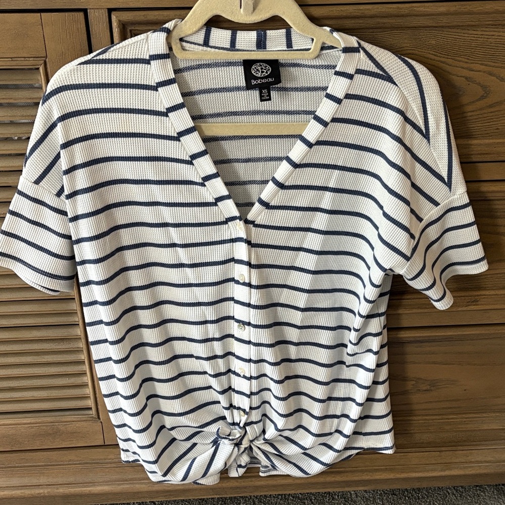Bobeau Navy and White Striped Button-Down Shirt. Stitch Fix